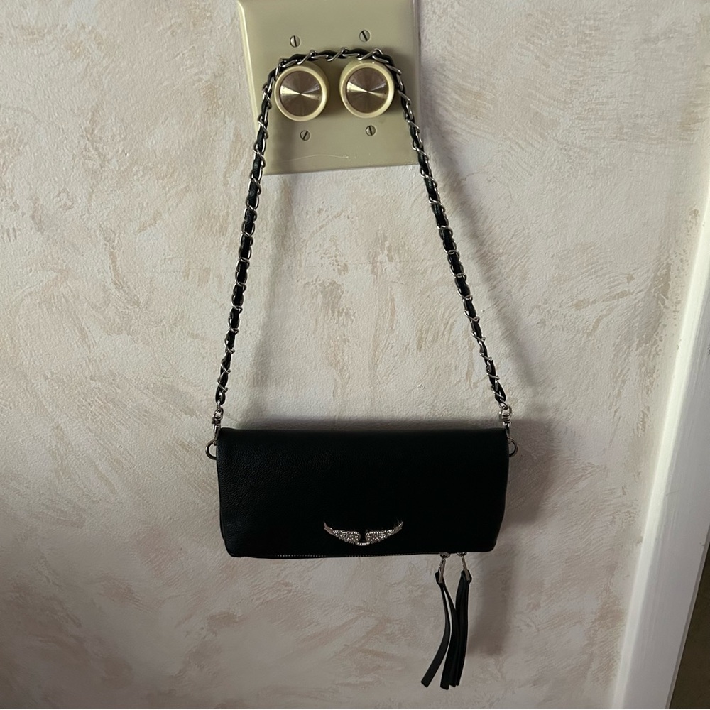 Zadig & Voltaire Black Leather Shoulder Bag with Silver Wing Emblem - Picture 14 of 15